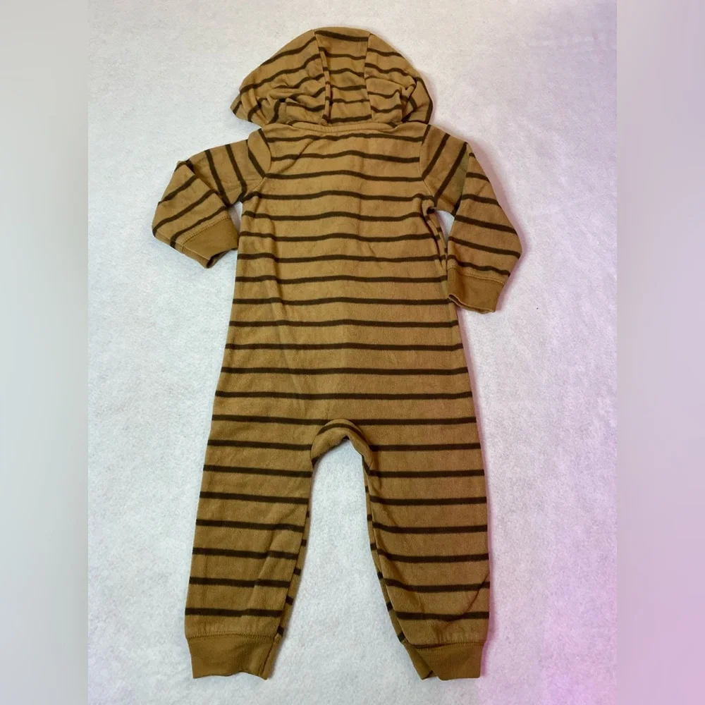 Carter's Brown Striped one piece Pajama Hood front pocket full Zipper Size 18m